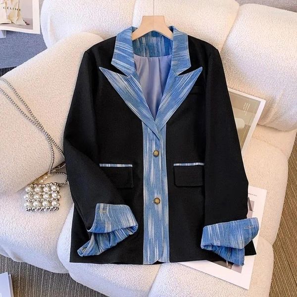 Frauen Anzüge Herbst Mode Retro Nähte Denim Blazer Weibliche Casual Büro Business Anzug Jacke Lose Wilden Blazer Dame