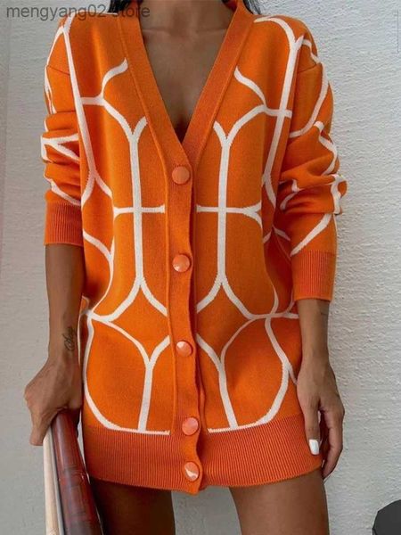 Suéteres femininos malha cardigan mulheres laranja com decote em v único breasted solto senhora cardigans 2022 outono inverno casual quente manga longa mulher camisola t231027