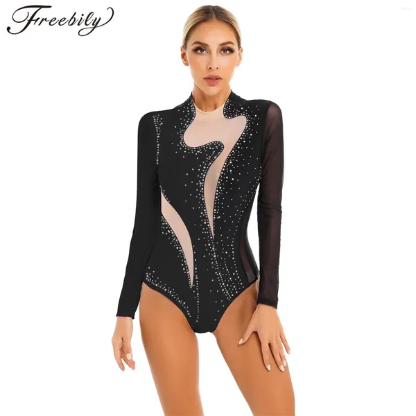 Sahne Giyim Kadınlar Şekil Kostüm Balesi Dans Ritmik Jimnastik Leotard Uzun Kollu Parlak Rhinestone Sheer File Bodysuit Dans Giysileri