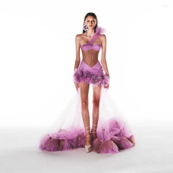 Abiti casual Unico viola monospalla alto basso maxi 3D fiore di tulle abiti da ballo da donna abito da festa di compleanno di colore misto