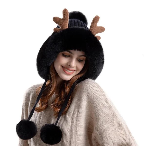 Berretti/teschio berretti invernali natalizi caldi cappelli lavorati a maglia femminile cartone animato corno di cervo due palline paraorecchie berretto peluche soffice pelliccia addensata berretto per le donne 231027