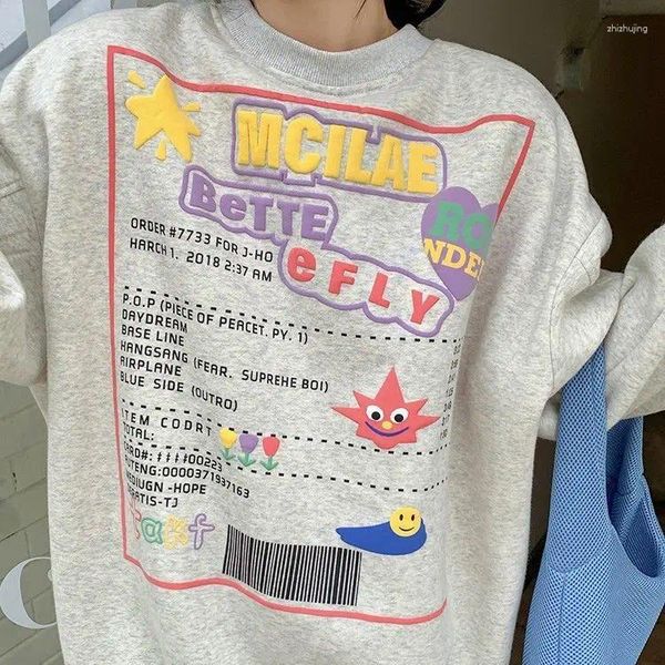 Felpe con cappuccio da donna Felpa oversize con stampa cartoon vintage grigia Donna Abbigliamento Kawaii Manica lunga estetica Primavera Taglie forti All'ingrosso