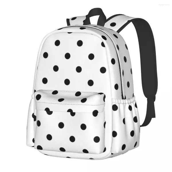 Mochila clássico bolinhas branco preto polkadots retro padrão poliéster mochilas de viagem grande bonito sacos de escola alta mochila
