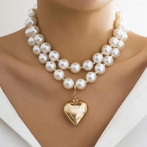 Gargantilha ailodo imitação de pérola corrente removível grande plástico coração pingente colar para mulheres meninas elegante festa de casamento