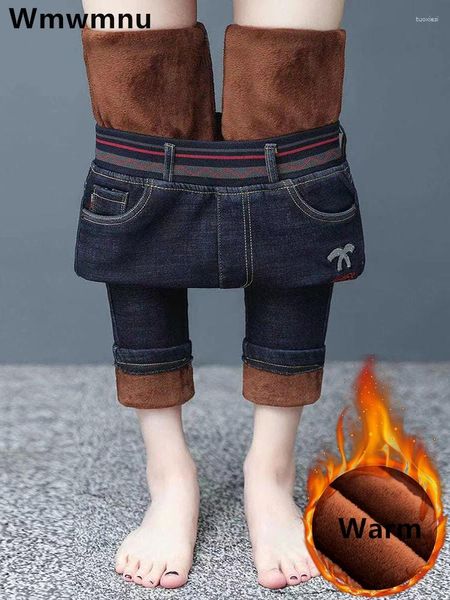 Calças de brim femininas magro inverno engrossar lápis tamanho grande 26-34 estiramento vaqueros cintura alta kot pantalones quente pelúcia forrado calças jeans