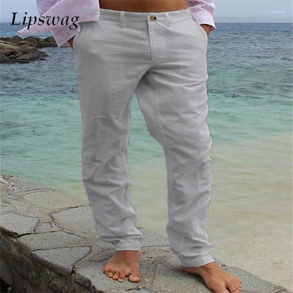 Calças masculinas casuais homens algodão linho calças estilo praia outono vintage reta homens lazer cor sólida solta calça clássica