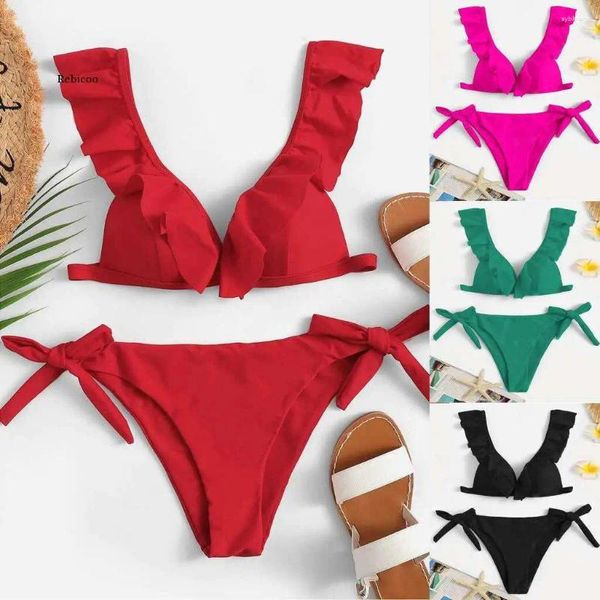 Damenbadebekleidung Bikini Brasilianischer Sommer Rüschen Frauen Rot Weiß Schwarz Push Up Pads Sexy Badeanzug Bandage Zweiteilige Badebekleidung