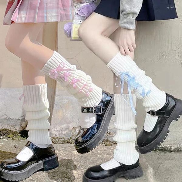 Женские носки, длинные милые носки с готическим бантом для девочек, клетчатые леггинсы в стиле Лолиты с лентой и бретельками, зимний дизайн, вязаные манжеты, гетры, чулки