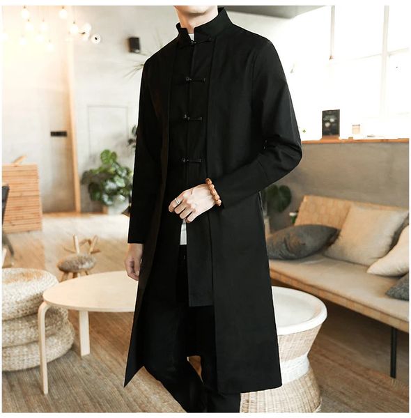 Homens mistura trench coat masculino falso duas peças cardigan quimono masculino longo estilo chinês preto solto vintage algodão linho 231026