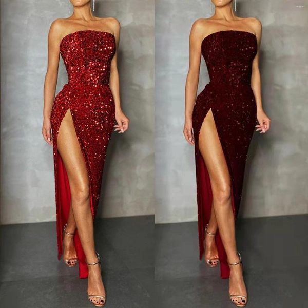 Lässige Kleider Trägerlos Maxi Lange Frauen Funkelnde Pailletten Rückenfrei Sexy Abend Party Vestidos Slim High Slit Formales Kleid