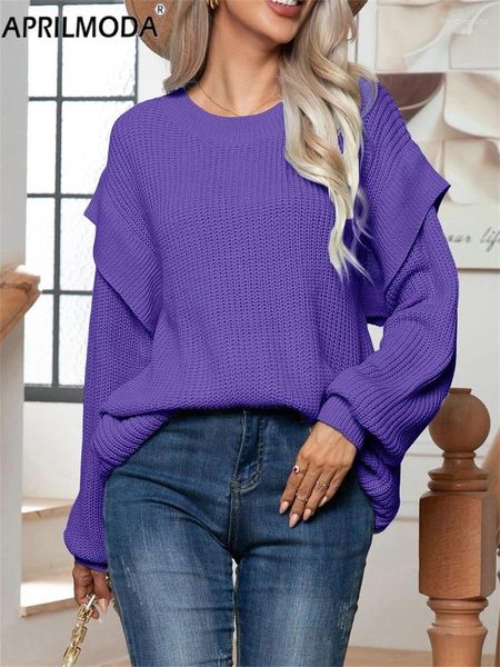 Suéteres femininos moda solta casual para mulheres outono inverno plissado roxo rosa azul manga comprida top pullovers sólido suéter de natal