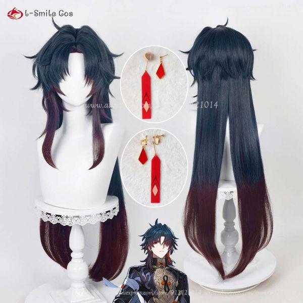 Costumi Catsuit Gioco Honkai: Star Rail Blade Cosplay 100 cm Blu scuro sfumato Capelli rossi Resistente al calore Festa di Halloween Parrucche anime + Cappellino per parrucca