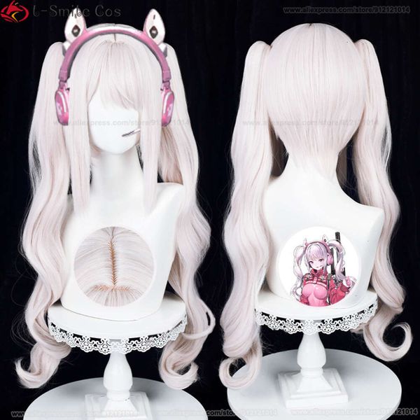 Costumi Catsuit DEA DELLA VITTORIA: NIKKE Alice Cosplay 80 cm grigio chiaro rosa ricci capelli resistenti al calore parrucche anime + cuffia per parrucca