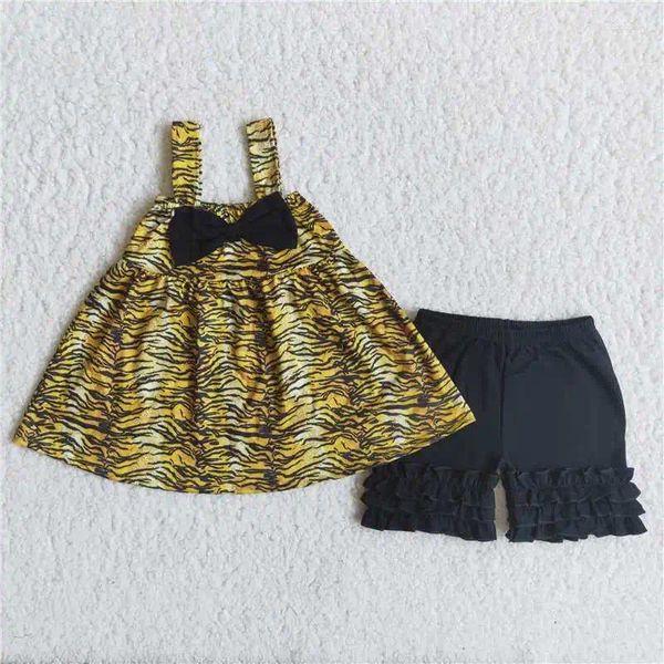 Conjuntos de roupas atacado meninas verão suspender shorts terno multi-arco leopardo impressão cor brilhante três camadas plissado