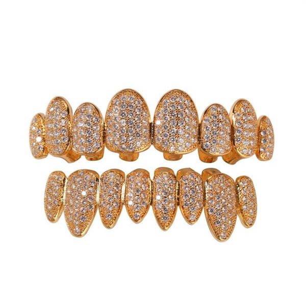 Ghiacciato Griglie in oro 14K Denti di cristallo Top Bottom Diamond Grillz Denti Hip Hop Bling Zircone cubico Rapper Gioielli per il corpo327q