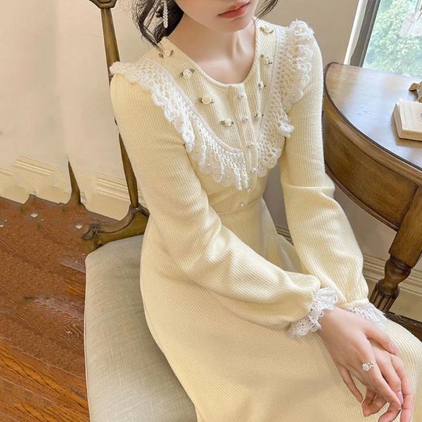 Casual Kleider Vintage Gestrickte Kleid Frauen Spitze Design Elegante Midi Fee Dame 2023 Herbst Koreanische Stil Süße Abend Party