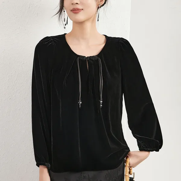 Camicette da donna Camicetta vintage in vero velluto di seta Camicie eleganti in stile cinese e top da donna a maniche lunghe in camicia nera