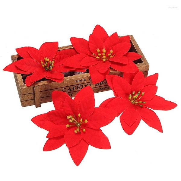 Dekorative Blumen, 10 Stück, künstliche Weihnachtsblumen, gefälschter Weihnachtsstern, rote Seide, glitzernde Ornamente, Hochzeit, Heimdekoration, Zubehör