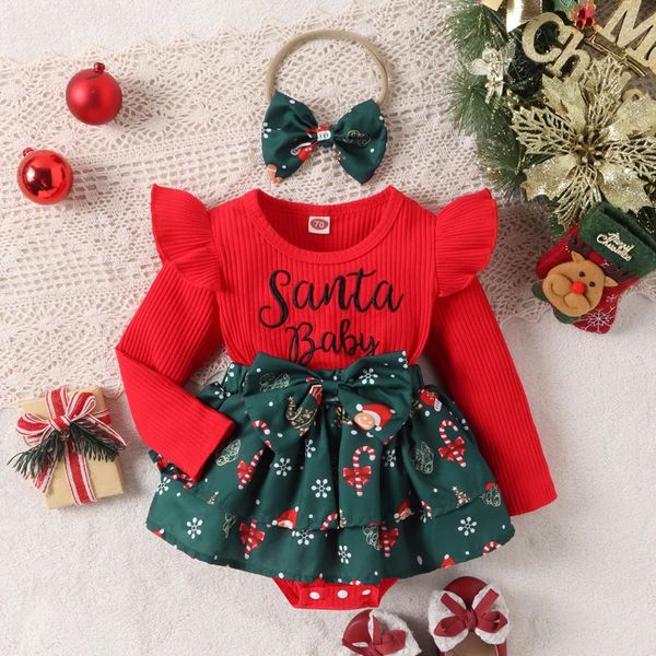 Macacões Citgeett Outono Natal Infantil Bebê Meninas Bodysuit Vestido Manga Longa Carta Santa Chapéu Imprimir Macacão Bow Headband 231027