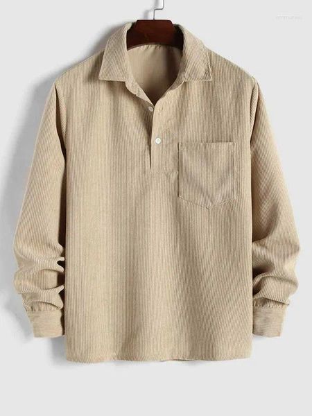 Camicie casual da uomo Camicia a maniche lunghe in velluto a coste Camicie a mezzo bottone in tinta unita Autunno Primavera Streetwear Camicie Top con tasca