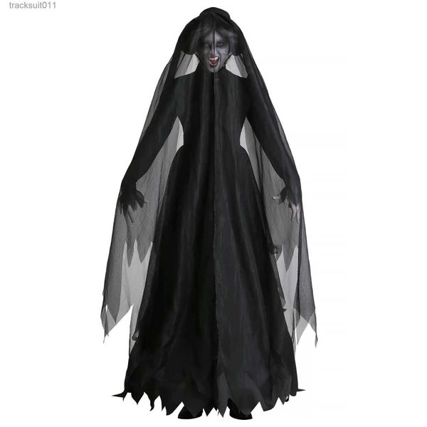 Аниме костюмы 2023 Высокое качество вампира косплей игра Soft Come Horror Demon Come черное марлевое платье Halloween Come Ghost Bride Witch L231027