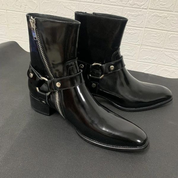 Botas tornozelo cinta homens botas preto trabalhando lado zip real couro masculino sapatos de festa salto 5cm botas de casamento