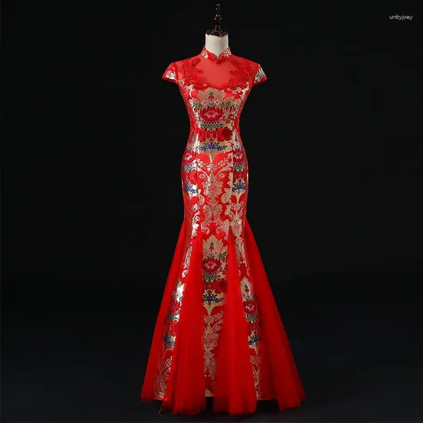 Abbigliamento etnico Ricamo rosso Cheongsam da sposa Donna Vintage Plus Size Abito a coda di pesce Tradizionale Spettacolo Costume formale Qipao dalla XS alla 3XL