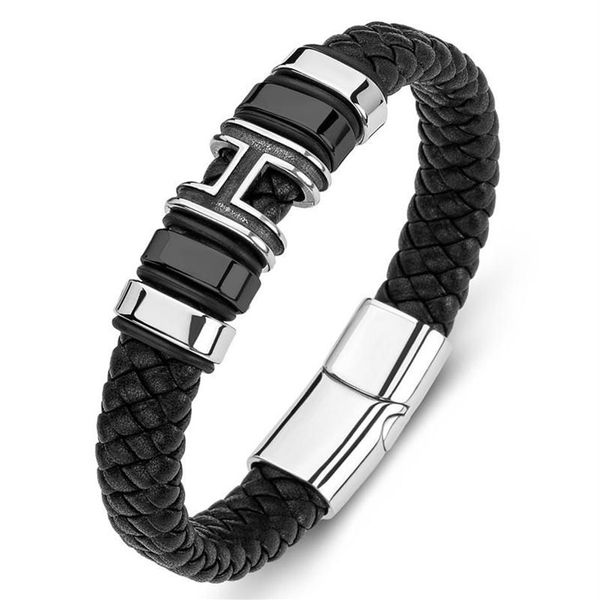 Charme pulseiras moda punk homens pulseira trançada couro mão pulseiras de aço inoxidável letra h fecho magnético pulseira festa jew218p