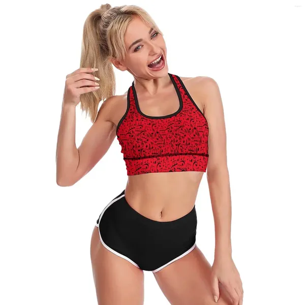 Completo da yoga Note musicali rosse Reggiseno sportivo con scollo a U da donna Stampa vintage Reggiseni crop sexy rinforzati con retro scollato Top da palestra per la danza