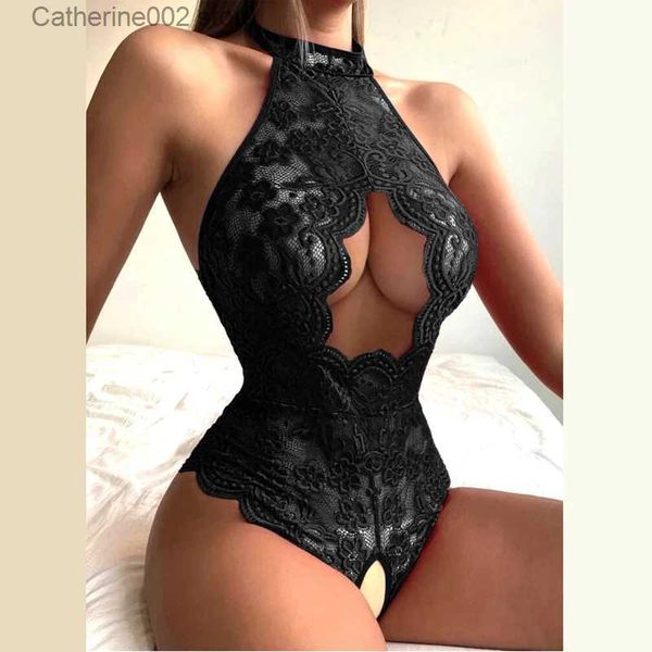 Sexy conjunto feminino rendas lingerie sexy erótico crotchless sutiã aberto babydoll vestido oco para fora roupa interior quente floral malha vem S-XL t231027