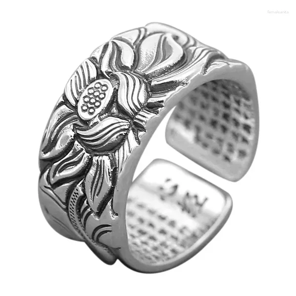 Cluster Ringe Kreative 925 Thai Silber Lotus Blume Herz Sutra Ring Für Frauen Und Männer Exquisite Vintage Darstellung Charmante Schmuck Öffnung