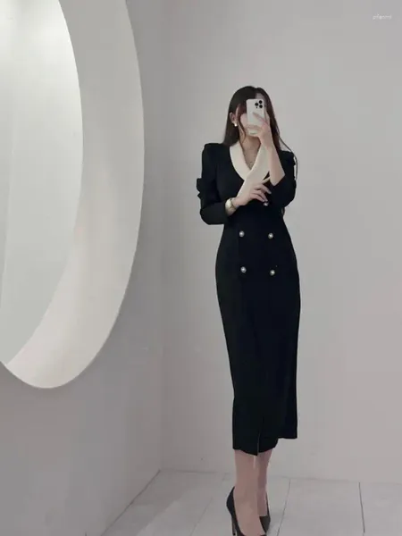 Vestidos casuais outono preto branco retalhos escritório bodycon vestido francês clássico grande polo colarinho cintura alta festa feminina botão longo