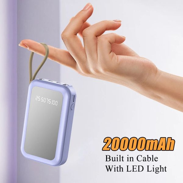 Mini Power Bank 20000mAH Taşınabilir Şarj Cihazı Dahili Kablo LED Işık Işık Harici Pil Paketi İPhone Xiaomi için