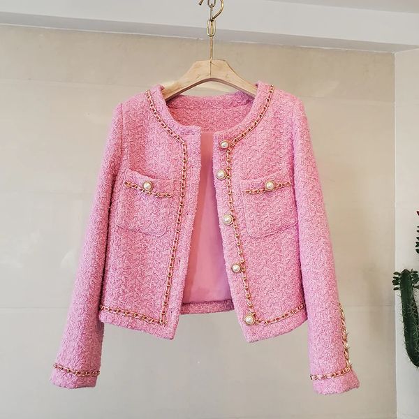 Damen Leder Kunstleder Ankunft Herbst Winter Süße Luxus Tweed Kette Design Jacke Damen Wollmäntel Elegante schlanke kausale Oberbekleidung Casacos Top 231026