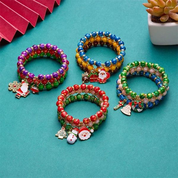 Charme pulseiras 3 pçs/set árvore de natal papai noel floco de neve pingente pulseira cor grânulos para mulheres jóias de natal presentes do ano