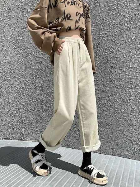 Pantaloni da donna Pantaloni vintage in velluto a coste beige a gamba larga Primavera Autunno Vita alta Pantaloni dritti marroni Tasche causali verdi Tutti abbinati Donna