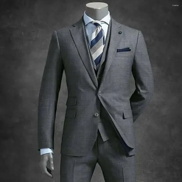 Ternos masculinos negócios escritório cinza casamento para homens fino ajuste entalhado lapela noivo smoking 3 peças define elegante masculino blazer traje homme