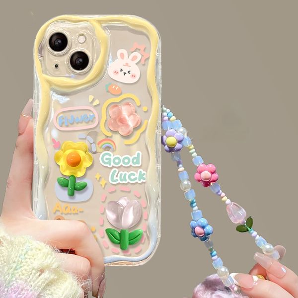 Custodie per cellulari Coreano 3D Orso Coniglio Fiore Catena per telefono Pizzo Custodia morbida trasparente iPhone 15 11 14 Pro Max 12 13 Pro Max Cover carina di lusso 231026