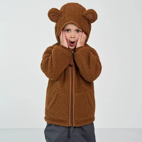 Giacche Cappotto per bambini con cerniera in velluto double face ispessito con cerniera Cappotto invernale in peluche con orecchie da orso simpatico cartone animato Ragazzi e ragazze caldi