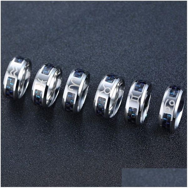 Bandringe Vnox Twee Konstellationen Ringe für Männer Frauen 8 mm Edelstahl Anel Männlich Classic Carbon Fiber 12 Horoskop Ring Dhgarden Ot2Tc