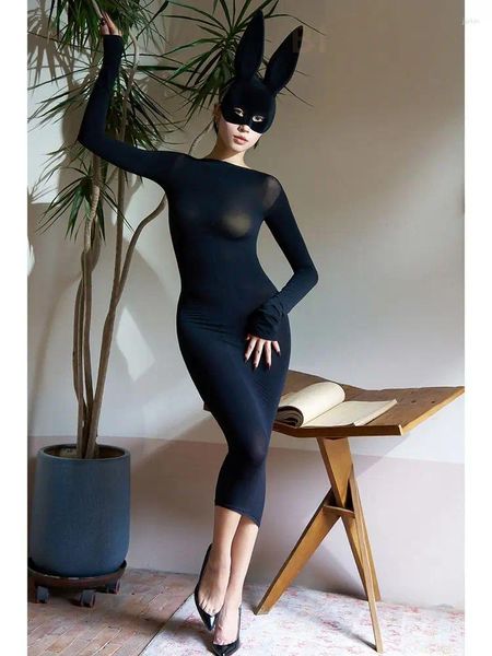 Повседневные платья 120D MaNylon Bodystocking с длинными рукавами, платье миди, плотная посылка, облегающее бедра, сексуальное прозрачное Vestido, нижнее белье для тела