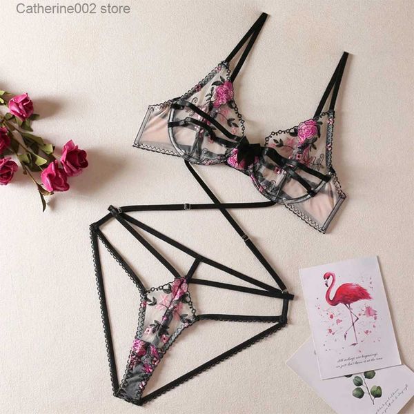 Set sexy ricamo lingerie erotica set reggiseno trasparente donna 2 pezzi set esotici floreale crotchless bella biancheria intima fine intimo T231027