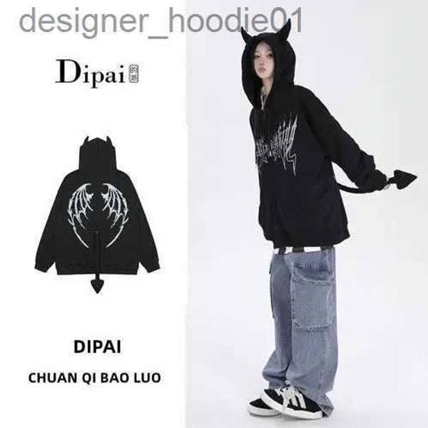 Erkek Hoodies Sweatshirts Gotik Kara Şeytan Zipper Hoodies Kadın Sokak Giyim Hip Hop Y2K Cadılar Bayramı Kapüşonlu Jacker Coat Harajuku Gelgit Küçük Kuyruk Sweatshirt L231027