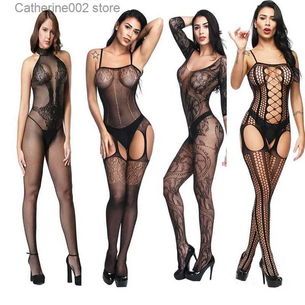 Seksi set seksi iç çamaşırı balık ağ çoraplar erotik Teddy Bodysuit sıcak erotik iç çamaşırı açık C elastik örgü babydoll sling Siyam Çorap T231027