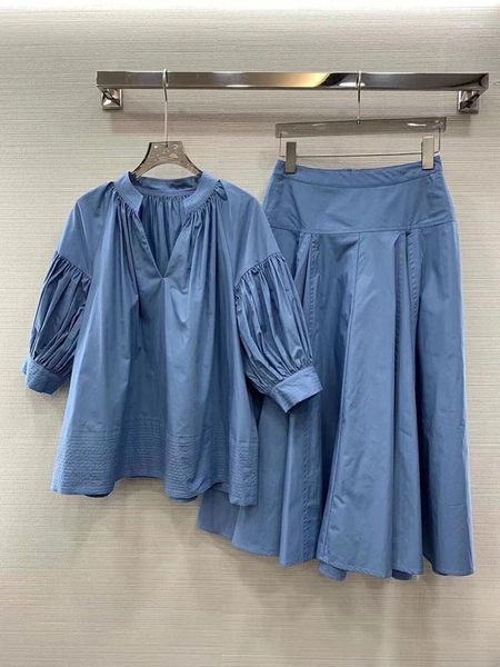 Рабочие платья 2023, женский модный костюм с рукавами-фонариками, прямой свободный топ, большой маятник, длинная юбка с высокой талией, комплект из 2 предметов 0512