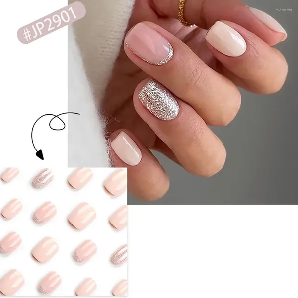 Unhas Falsas 24 pcs Comprimento Médio Pó Brilhante Forma Quadrada Dicas de Cobertura Completa Estilo Francês Nu Rosa Falso Mulheres