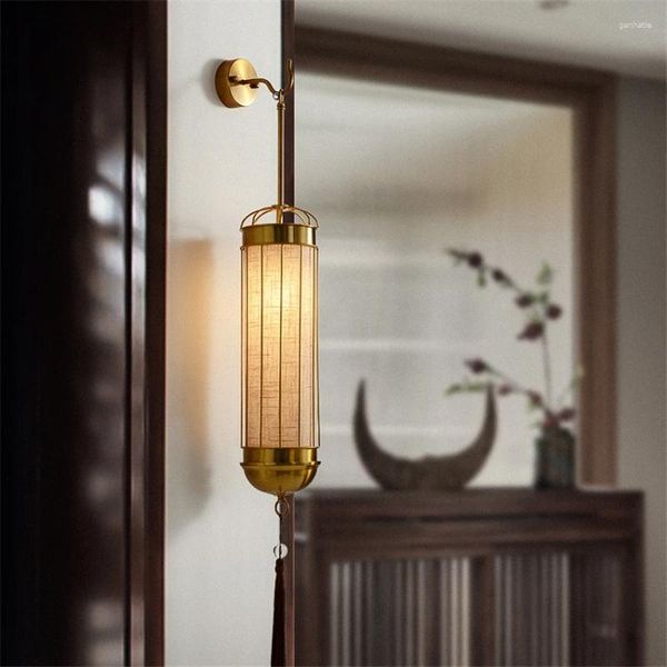 Lâmpada de parede chinesa tecido sombra lâmpadas sala estar quarto decorativo luzes lanterna luxo zen corredor iluminação