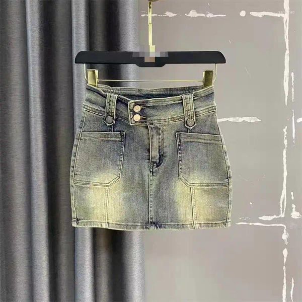 Jeans femininos y2k vintage mulheres botão coreano cinto curto denim mini saias estética fada grunge cintura alta a-line saia alt roupas