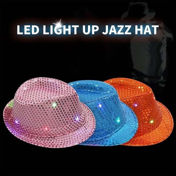 Breite Krempe Hüte Eimer Kreative LED Blinkende Jazz Kappe Erwachsene Hip Hop Dance Show Pailletten Hut Glow In The Dark Leuchtende Fedora Kostüme Bühne Requisiten 231027