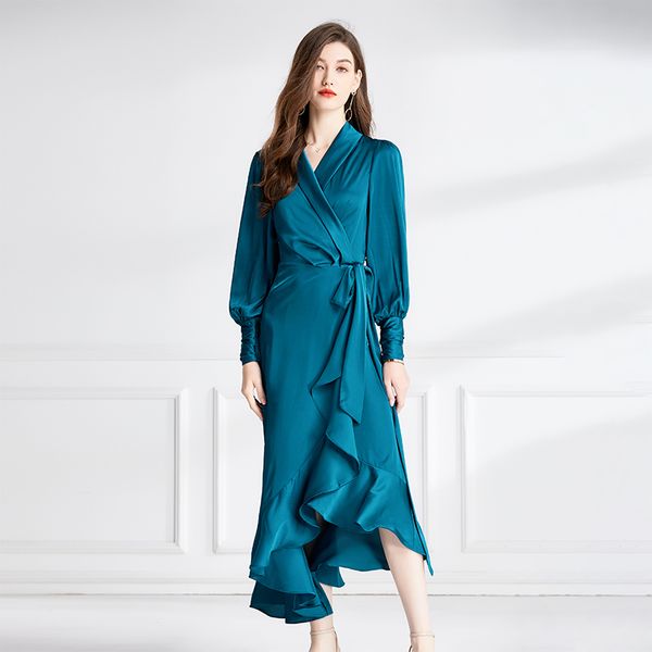 Abito vintage maxi avvolgente in seta blu da donna Designer manica a lanterna scollo a V con cintura fiocco laterale Abiti da festa 2023 Autunno Inverno Vacanza Runway Slim increspato volant abiti